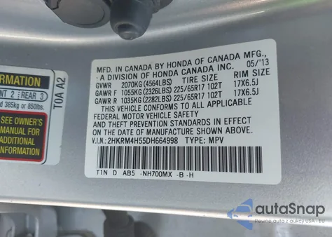 2013 Honda Cr-V Ex from USA, damaged, VIN 2HKRM4H55DH664998